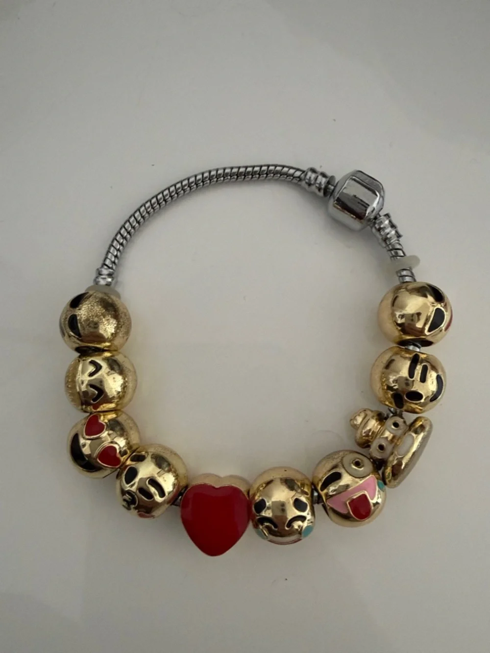 Gold Emoji Bead Charm Bracelet with Red Heart